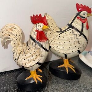 Set of 2 Farmhouse Rooster Figurines Cream Black Plaid Polka Dot Kitchen Decor